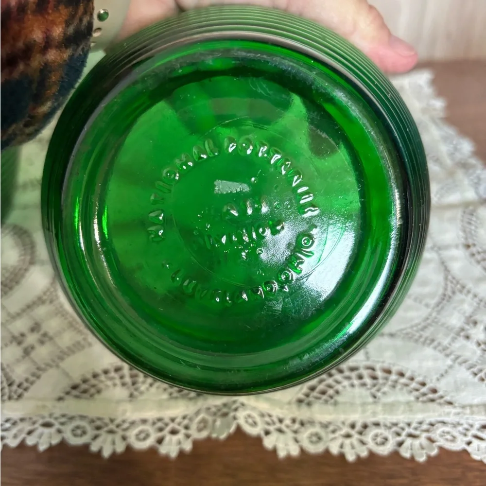 National Pottery Green Ribbed Beehive Pattern Glass Vase Duo Vintage Mid Century